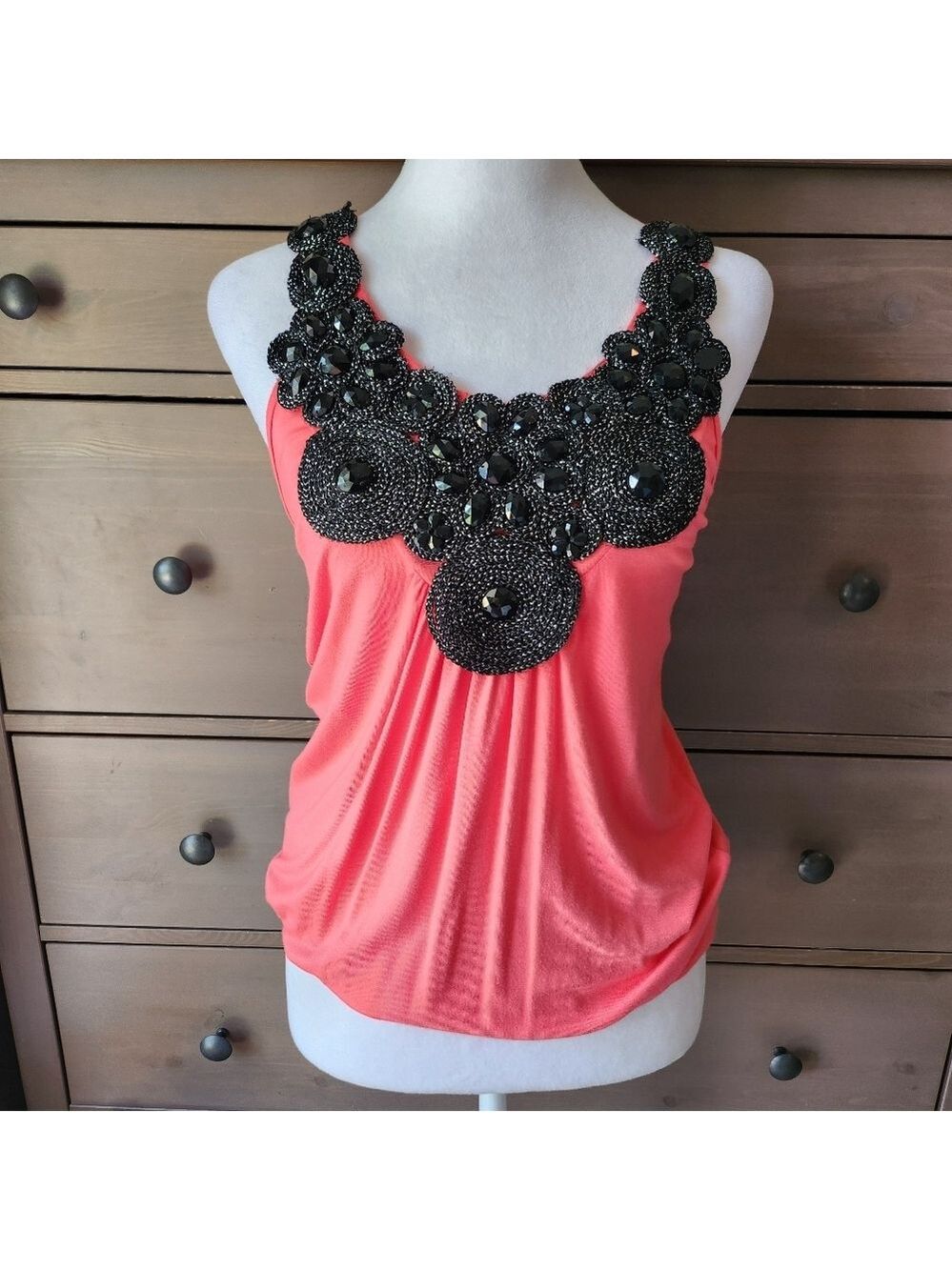 Y2K MOA MOA Paper Tag Coral And Black Embellished Top